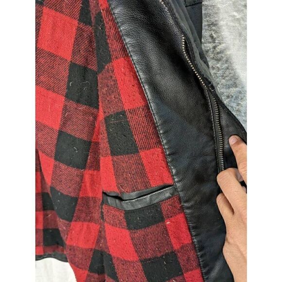 RARE Levi's Faux Leather Wool Blend Red Buffalo Plaid Lined Biker Jacket XL - Picture 5 of 12